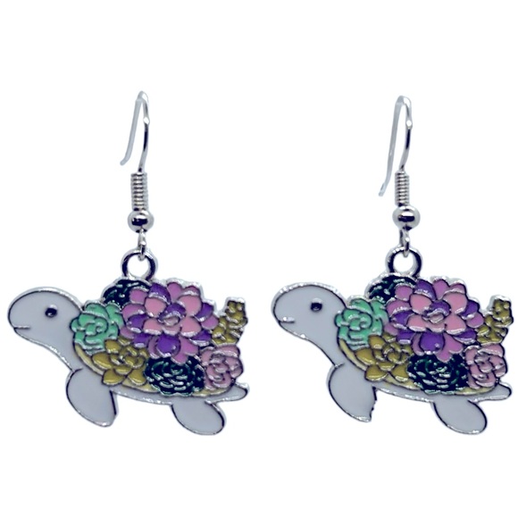 Jewelry - Turtles with a Succulent Plant Shell Charm Dangle Earrings